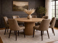 Terra Light Brown Wood Round Dining Table with light brown chairs in Calgary