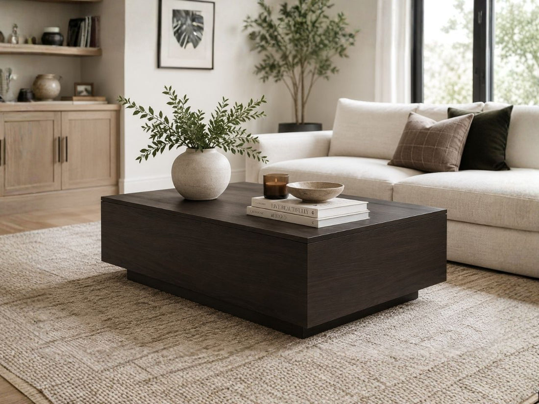 Dark wood rectangular coffee table in a modern living room.