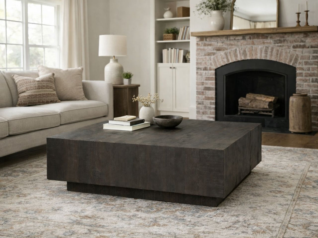 Dark brown square wooden coffee table in a modern living room.