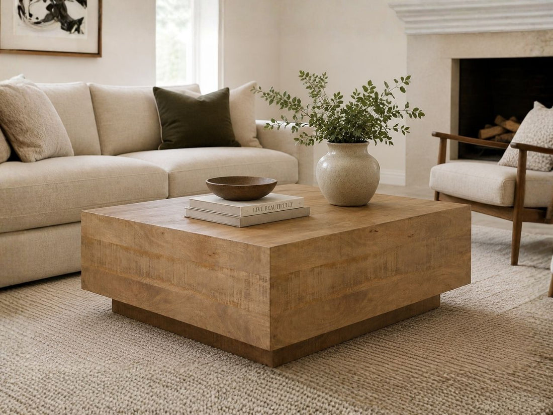 Light wood square coffee table in a modern living room.