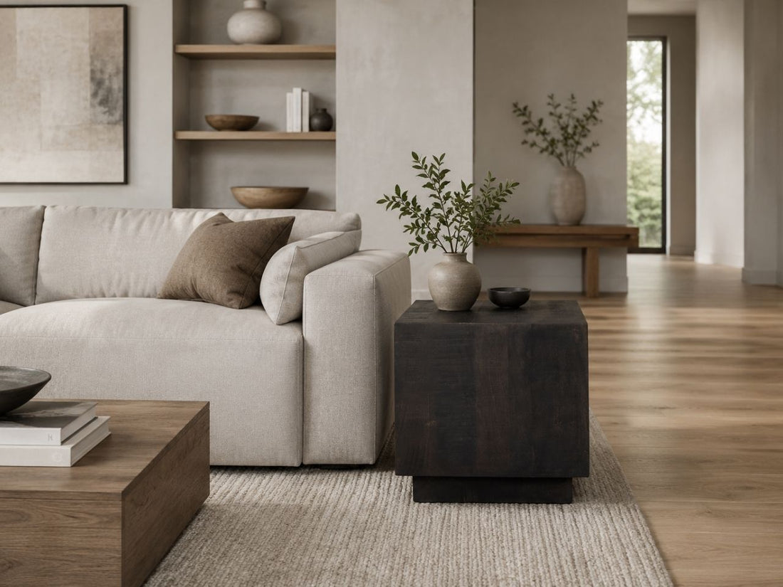 Dark wood side table beside a cream sofa in a contemporary living room.