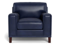 Navy blue leather accent chair with wide square arms, a loose seat cushion, and tapered wood legs, shown from the front on a white background.
