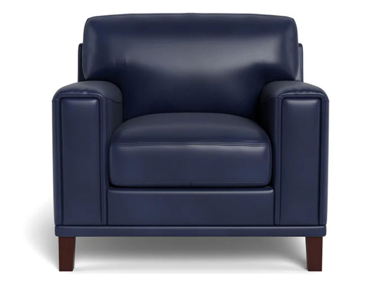 Navy blue leather accent chair with wide square arms, a loose seat cushion, and tapered wood legs, shown from the front on a white background.