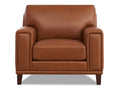 Warm tan leather accent chair with a softly curved backrest, cushioned seat, wide arms, and exposed wood legs, front-facing on a white background.