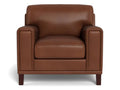 Brown leather accent chair with a smooth upholstered back, deep seat cushion, box-style arms, and tapered wooden legs, photographed from the front.