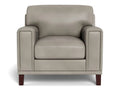 Light grey leather accent chair featuring a rounded back, plush seat cushion, wide padded arms, and dark wood legs, front view on a white background.