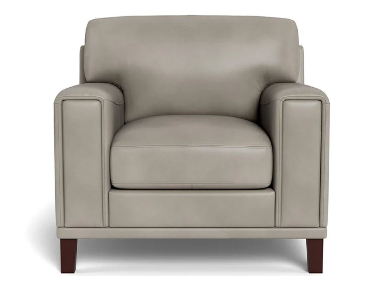 Light grey leather accent chair featuring a rounded back, plush seat cushion, wide padded arms, and dark wood legs, front view on a white background.