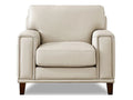 Cream leather accent chair with a clean modern silhouette, padded arms, a loose seat cushion, and tapered wooden legs, shown from the front on a white background.