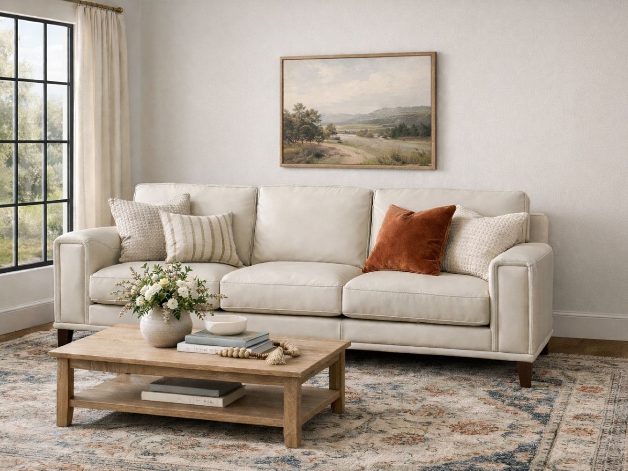 A light upholstered sofa styled with neutral pillows in a bright, cozy living room.