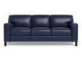 A modern three-seat leather sofa with a clean, boxy silhouette, wide arms, and plush seat cushions, upholstered in deep navy blue leather and shown against a white background.