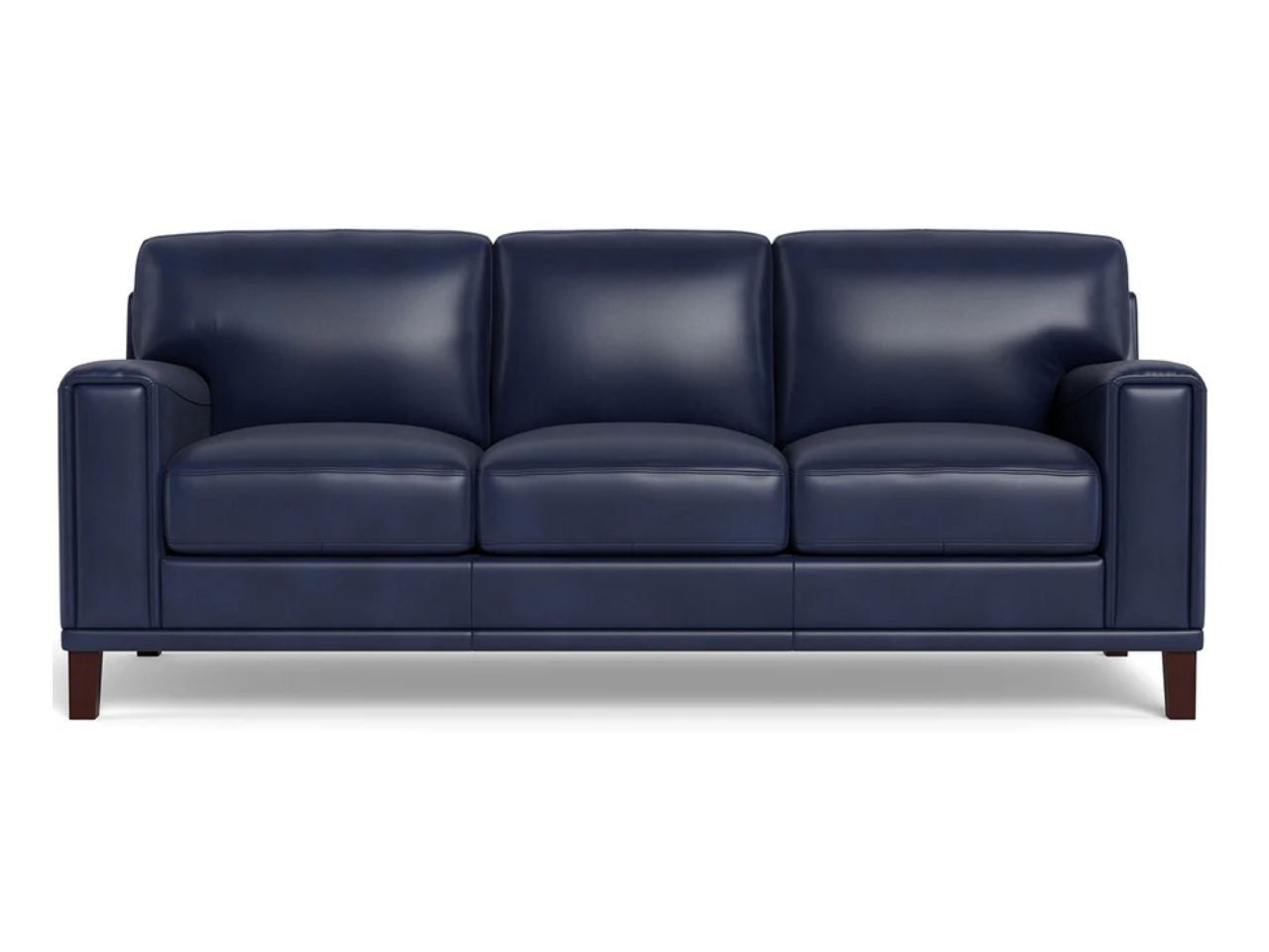 A modern three-seat leather sofa with a clean, boxy silhouette, wide arms, and plush seat cushions, upholstered in deep navy blue leather and shown against a white background.