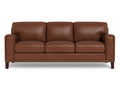 A three-seat leather sofa with a structured, minimalist design, wide arms, and supportive cushions, shown in rich medium brown leather against a white background.
