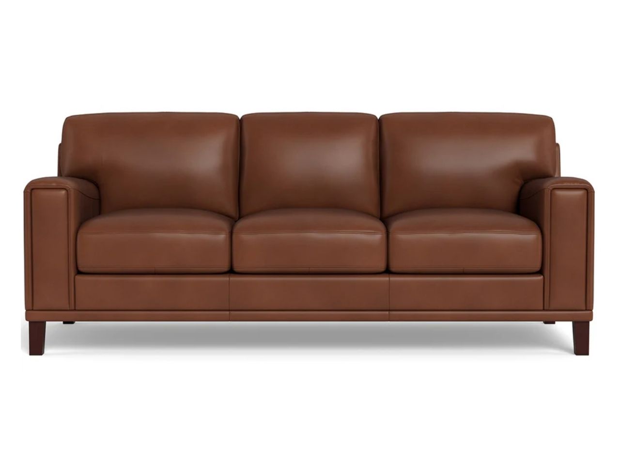 A three-seat leather sofa with a structured, minimalist design, wide arms, and supportive cushions, shown in rich medium brown leather against a white background.