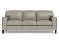 A contemporary three-seat leather sofa featuring smooth cushions, wide arms, and a streamlined profile, upholstered in light grey leather and displayed on a white background.