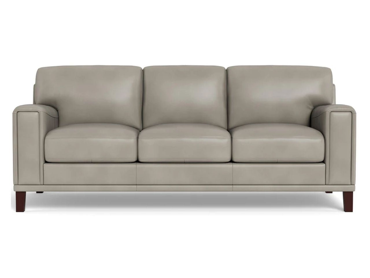 A contemporary three-seat leather sofa featuring smooth cushions, wide arms, and a streamlined profile, upholstered in light grey leather and displayed on a white background.