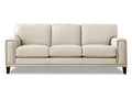 A contemporary three-seat leather sofa featuring clean lines, wide arms, and plush cushions, upholstered in a soft off-white leather and shown against a white background.