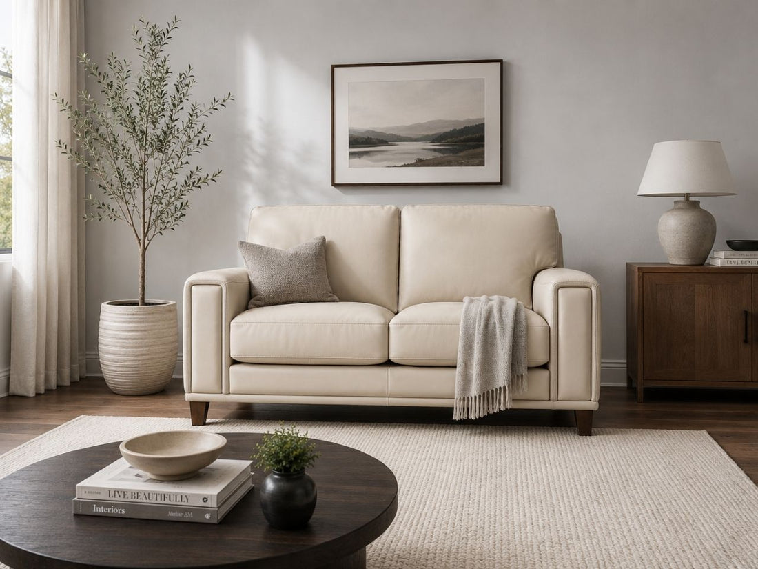 Cream leather loveseat with accent pillow in a bright, modern living room.