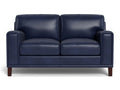 A modern leather loveseat featuring clean lines, wide arms, and a supportive seat, upholstered in deep navy blue leather and displayed on a white background.