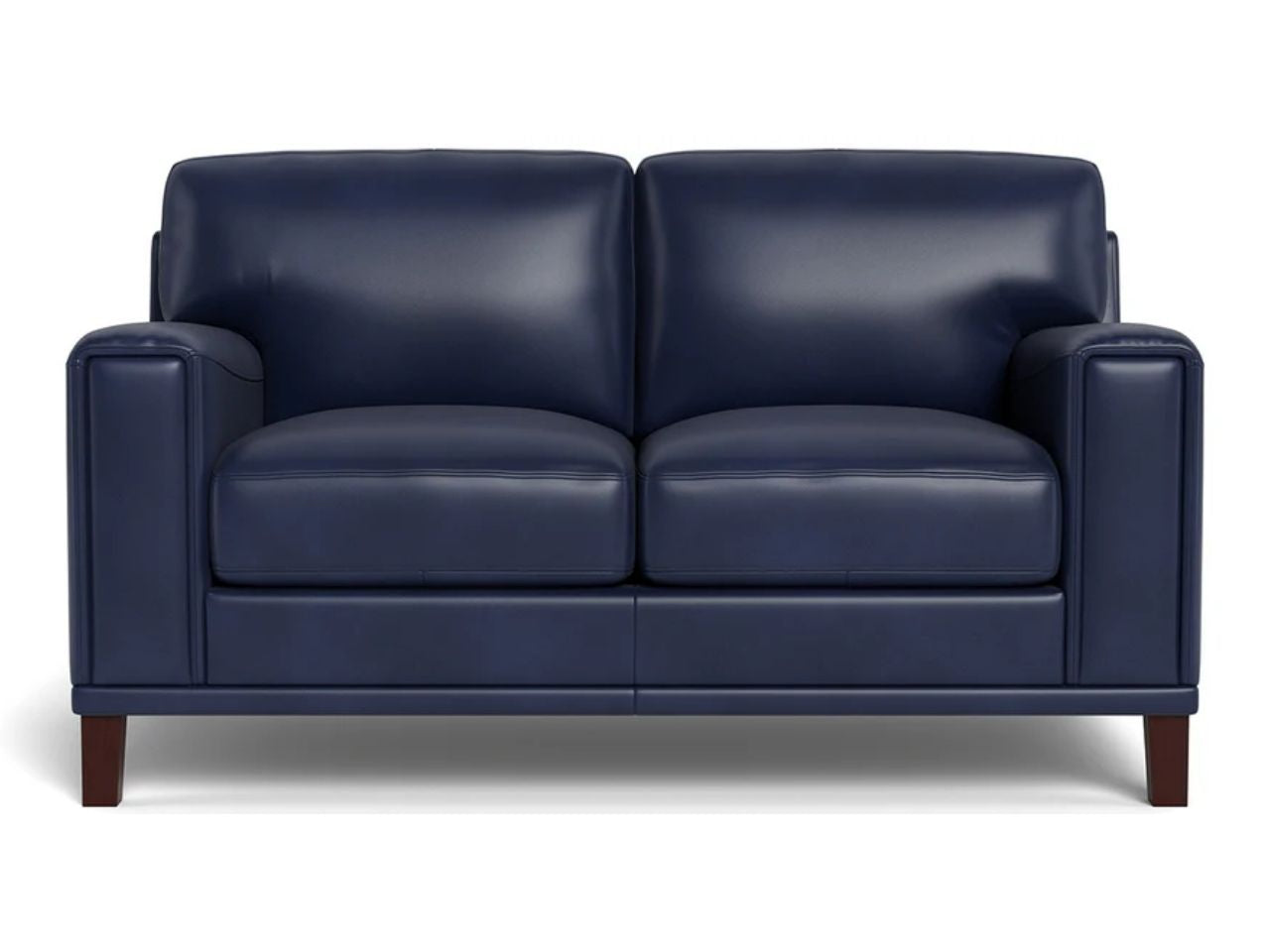 A modern leather loveseat featuring clean lines, wide arms, and a supportive seat, upholstered in deep navy blue leather and displayed on a white background.