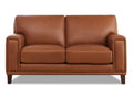 A contemporary leather loveseat featuring a structured silhouette, wide arms, and supportive seating, shown in warm medium brown leather on a white background.