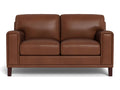 A modern leather loveseat with squared arms, deep seat cushions, and a streamlined design, upholstered in rich dark brown leather and photographed against a white background.