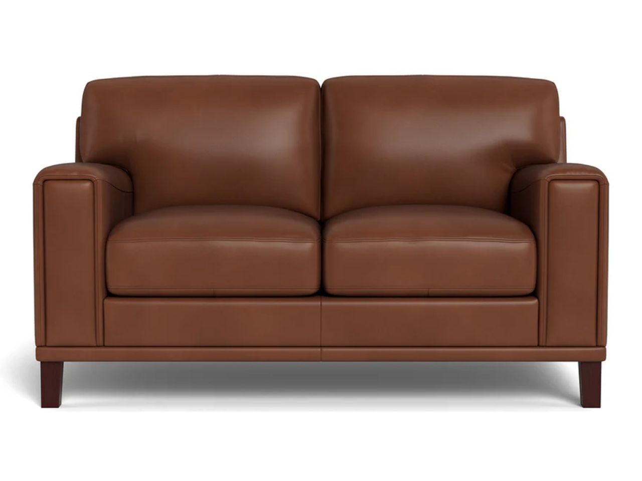 A modern leather loveseat with squared arms, deep seat cushions, and a streamlined design, upholstered in rich dark brown leather and photographed against a white background.