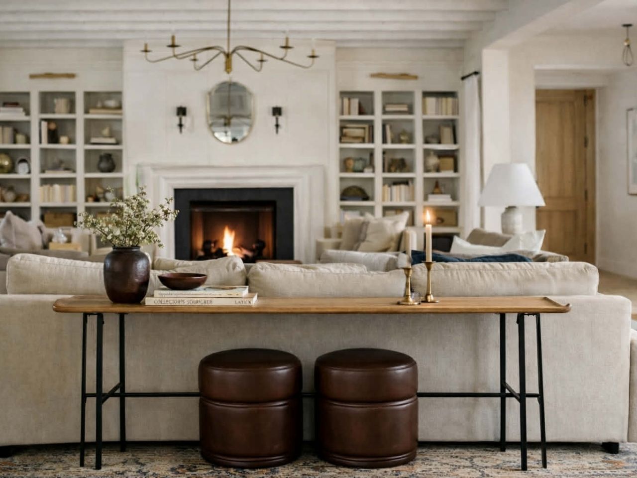 A long, slender wooden console table with thin black metal legs sits behind a beige sofa. 