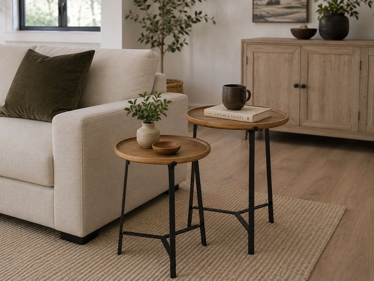 Set of two round nesting side tables with wood tops and black metal legs styled beside a cream sofa in a modern living room