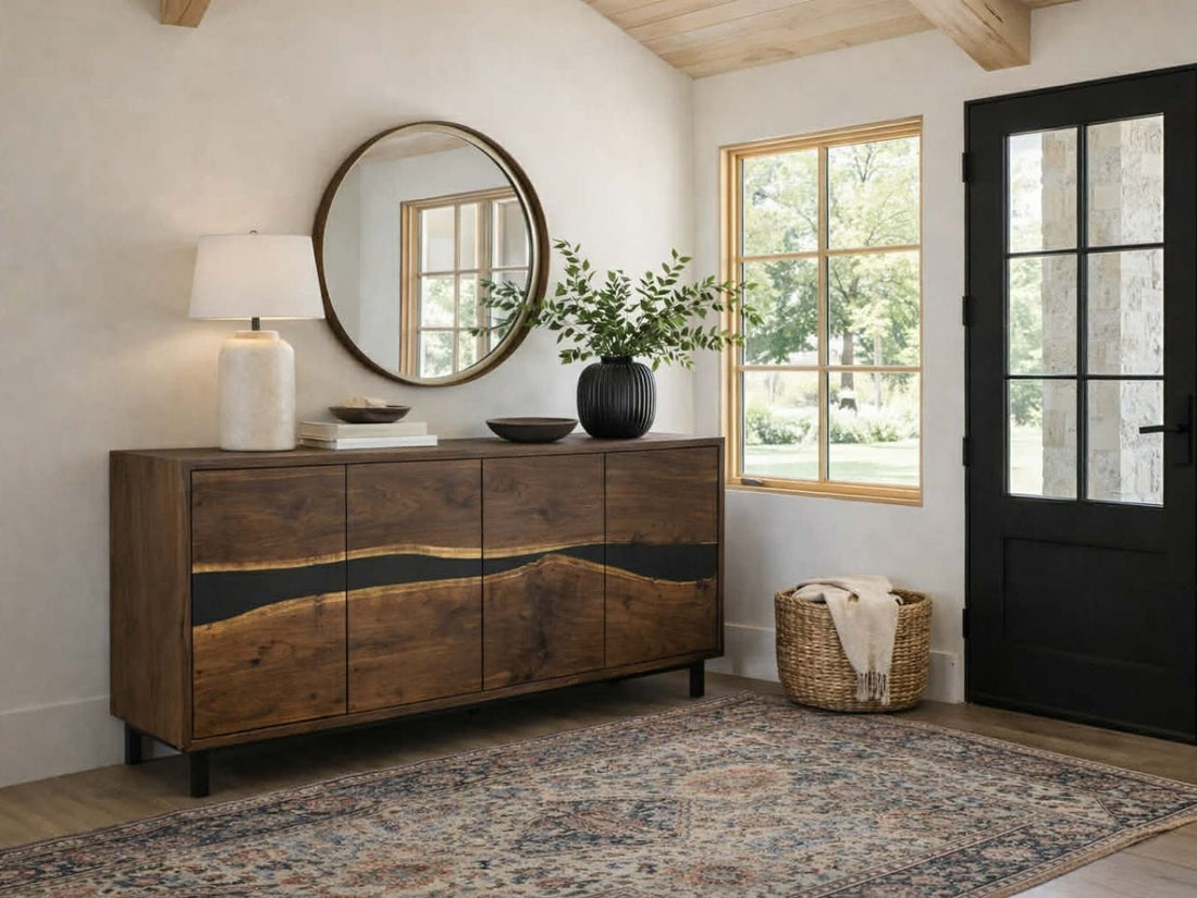 
A dark wood sideboard with a live-edge design and black metal legs, topped with a white lamp, books, and a vase of greenery, set against a light-colored wall with a round mirror.