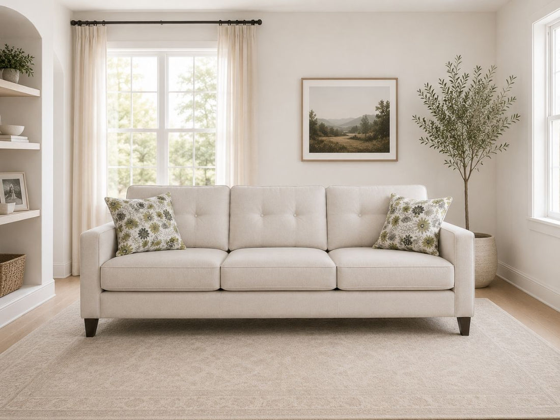 Cream upholstered sofa with patterned accent pillows in a bright, cozy living room.