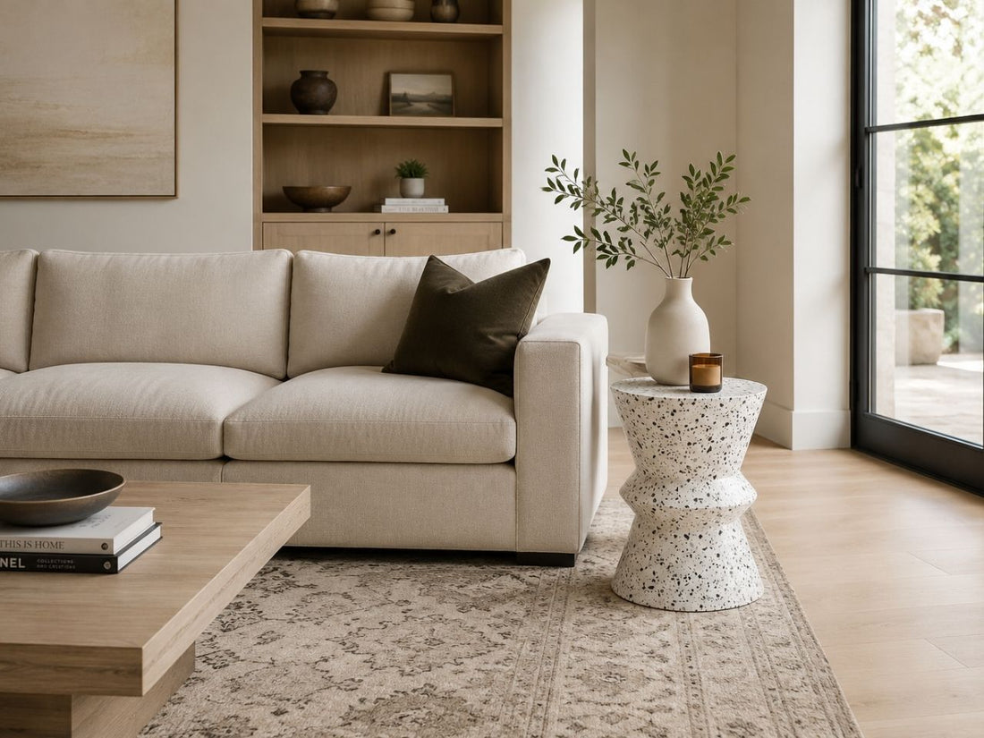 Terrazzo hourglass side table beside a cream sofa in a modern living room.