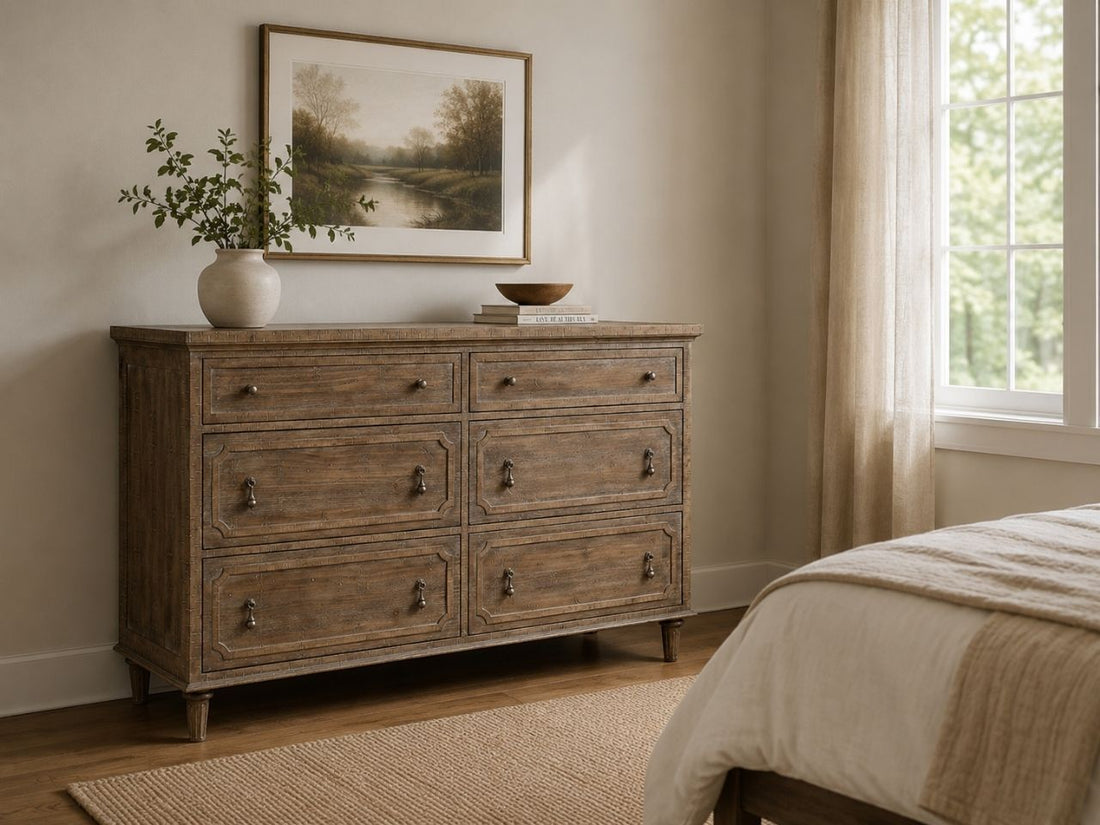 Rustic 6-drawer dresser with distressed sandstone finish, framed drawer fronts, antique-style pulls, and classic farmhouse design.