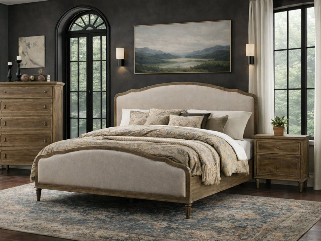 Beige upholstered Interlude bed in Calgary with pillows in a bedroom setting.