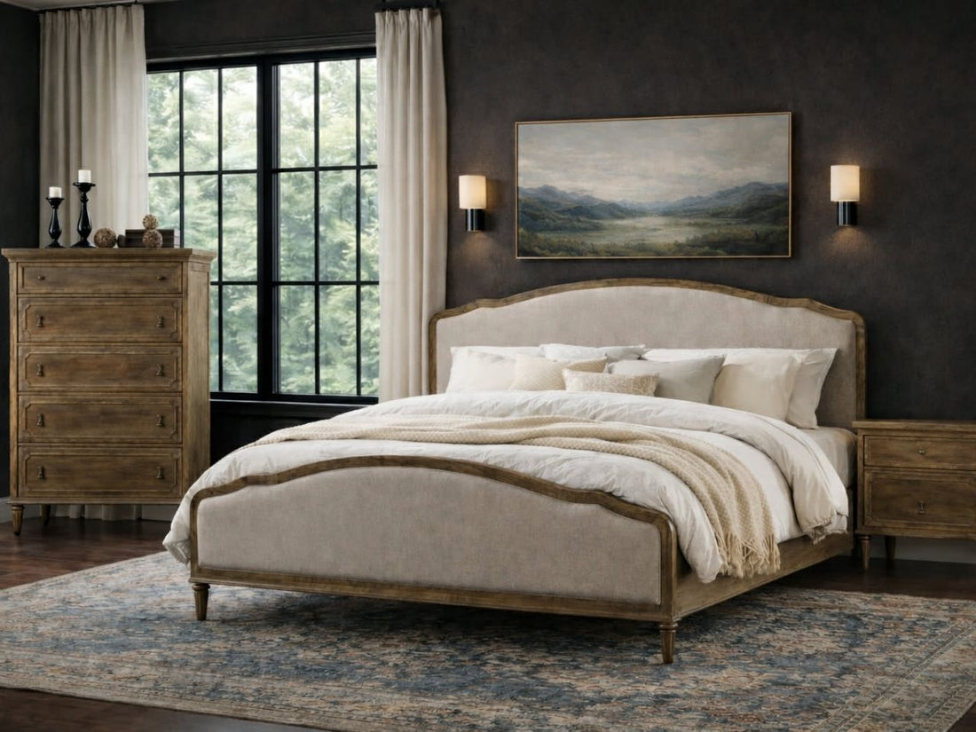 Beige upholstered Interlude bed in Calgary with pillows in a bedroom setting.