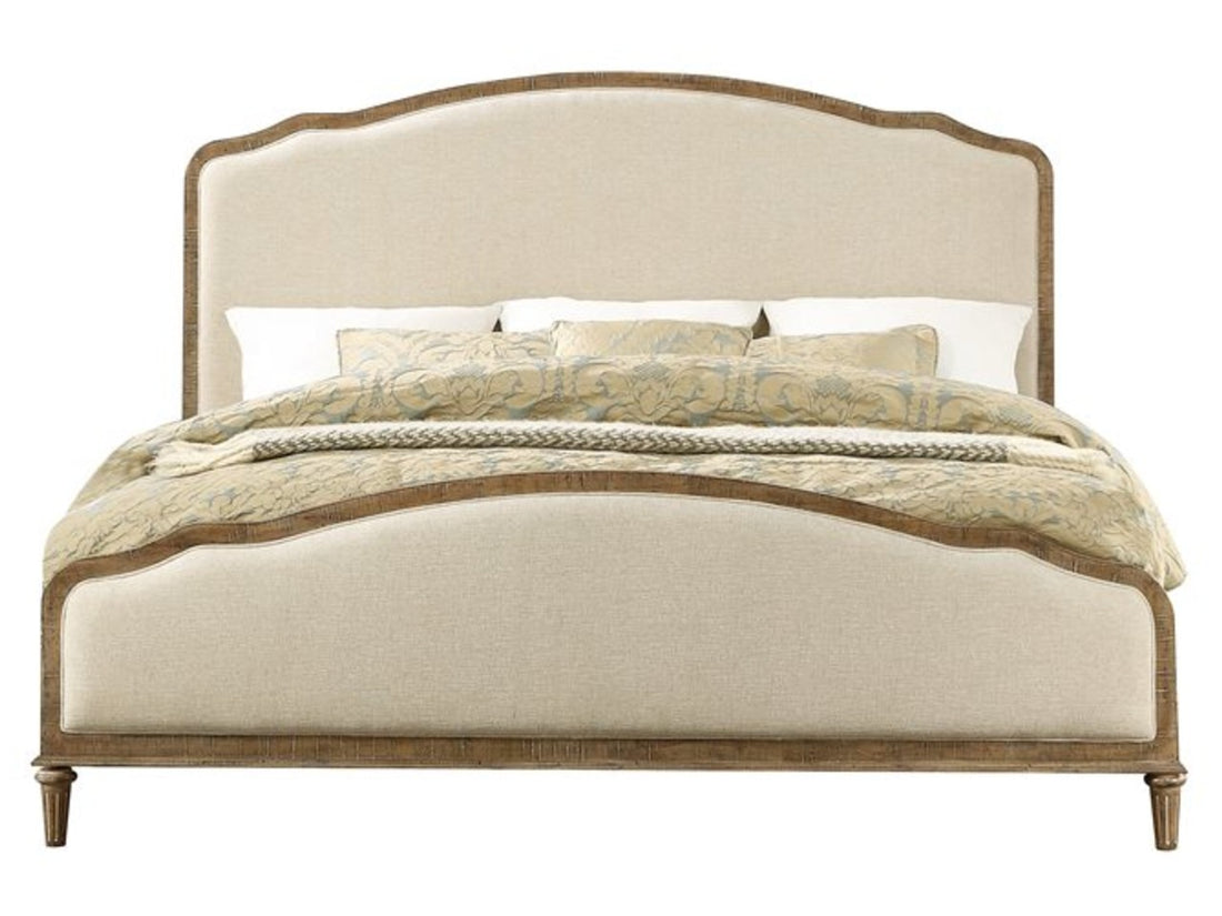 Beige upholstered Interlude bed in Calgary with matching headboard in a bedroom setting.