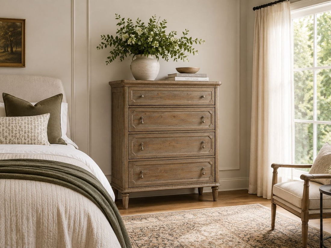 Rustic wood drawer chest with vintage-inspired details and spacious storage.