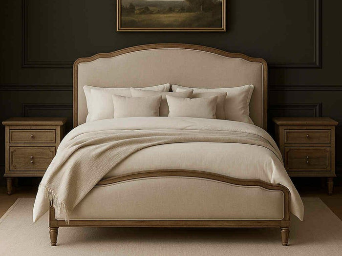 Beige upholstered Interlude bed in Calgary with matching headboard in a bedroom setting.