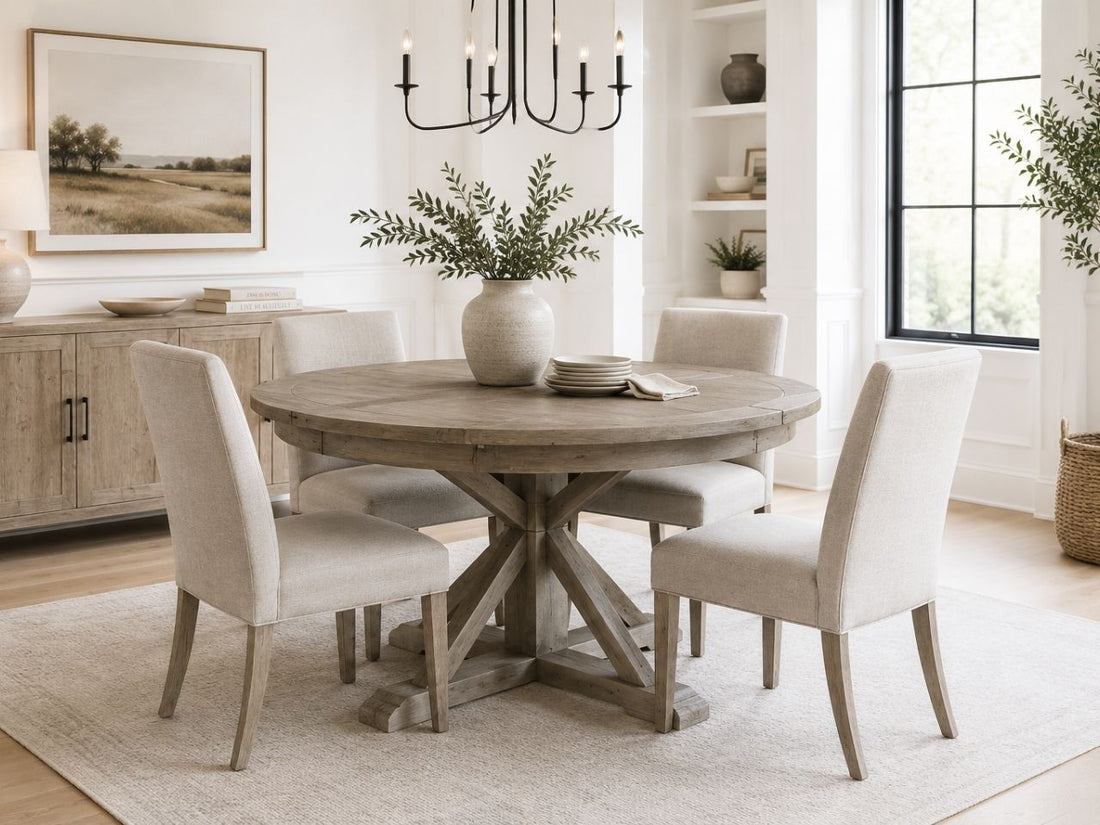 Round driftwood dining table with four upholstered dining chairs in a bright farmhouse-style dining room.