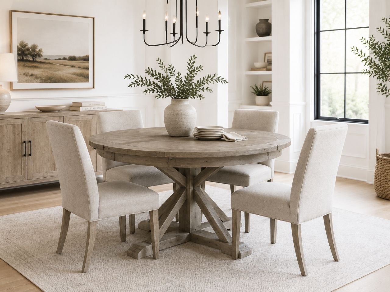 Round driftwood dining table with four upholstered dining chairs in a bright farmhouse-style dining room.