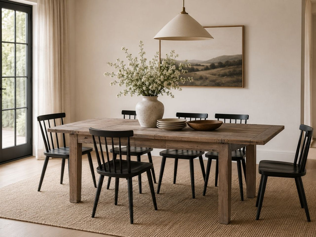 Rustic reclaimed wood dining table with six black spindle-back chairs in a warm, modern farmhouse dining room.