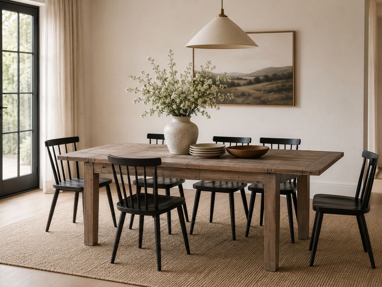 Rustic reclaimed wood dining table with six black spindle-back chairs in a warm, modern farmhouse dining room.