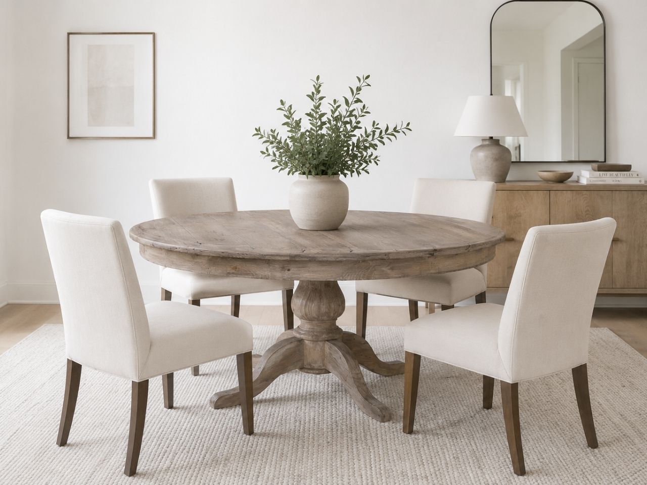 Round driftwood pedestal dining table with four cream upholstered chairs in a bright modern dining room.