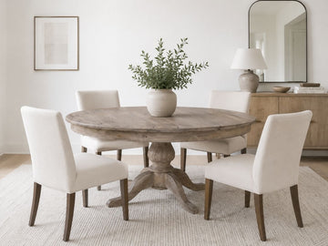 Round driftwood pedestal dining table with four cream upholstered chairs in a bright modern dining room.