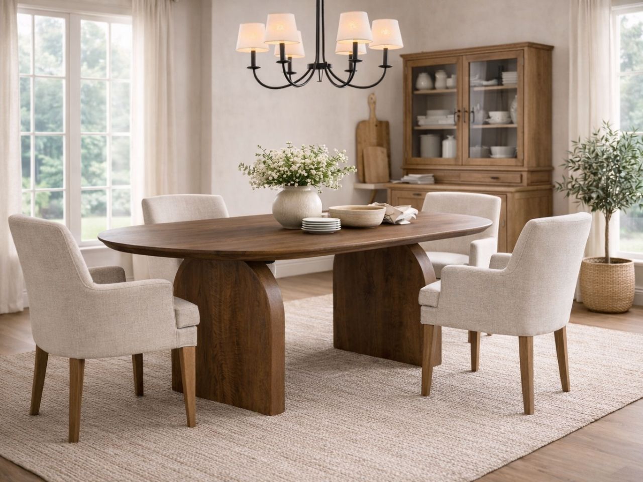 Oval wood dining table with curved pedestal legs, surrounded by cream upholstered dining chairs in a bright, airy dining space.