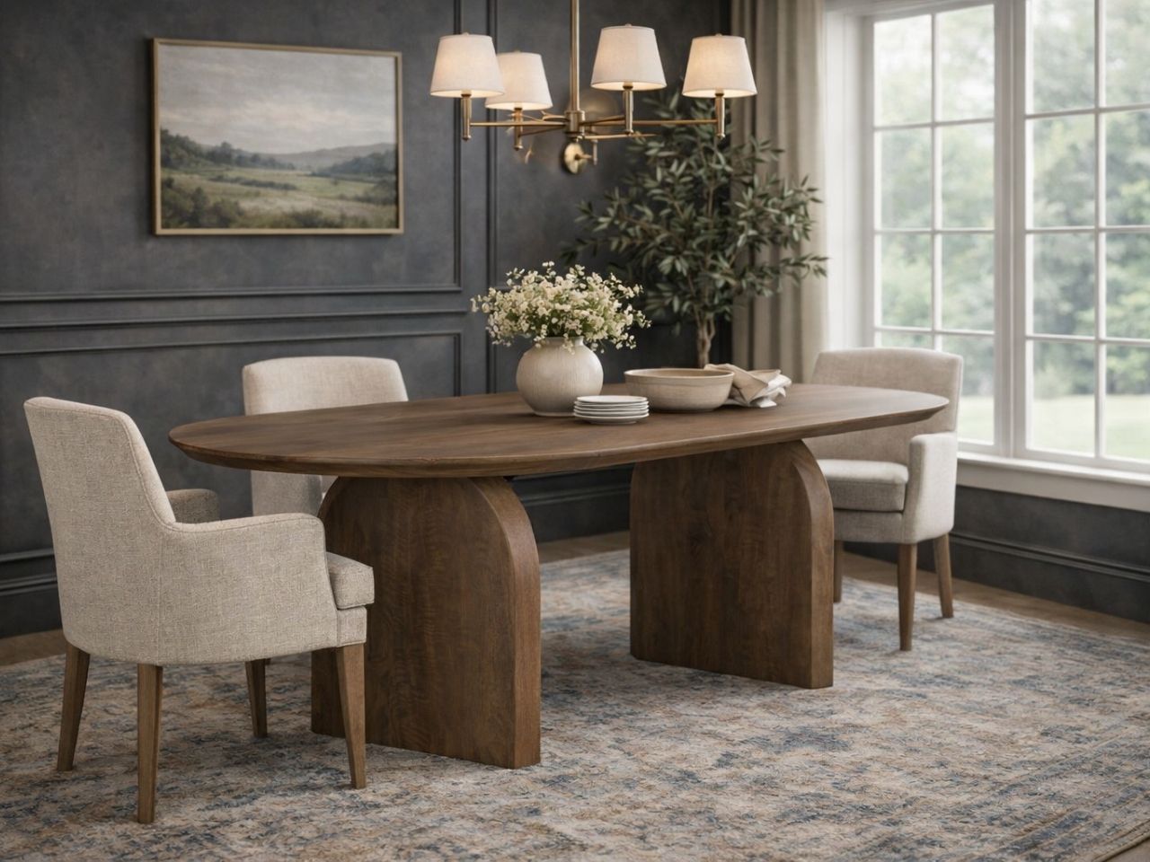 Oval wooden dining table with pedestal base, styled with neutral upholstered chairs in an elegant dining room with dark paneled walls.