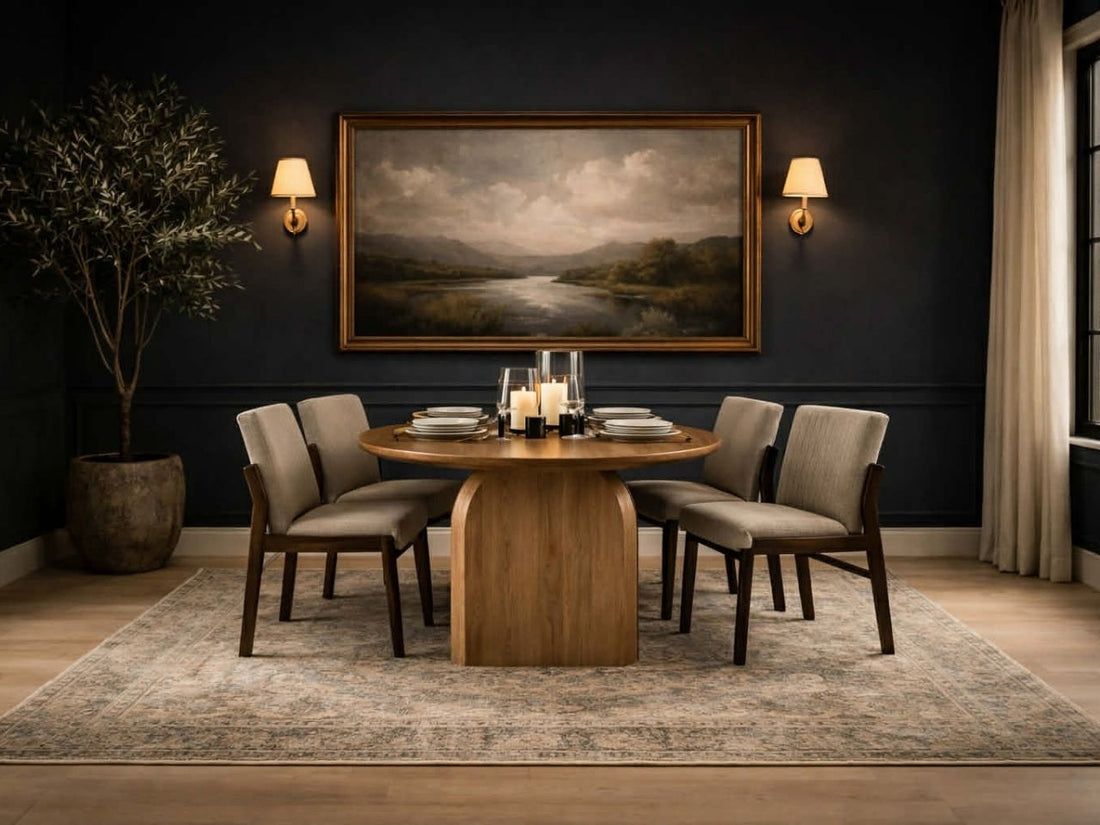 Oval wooden dining table with pedestal base and six upholstered chairs in a modern dining room.