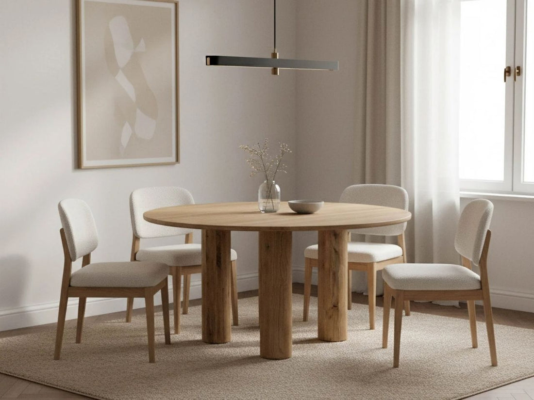 Round wooden dining table with thick pillar legs and upholstered chairs in a neutral dining room.
