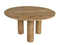 Round wooden dining table with three pillar legs on white background.