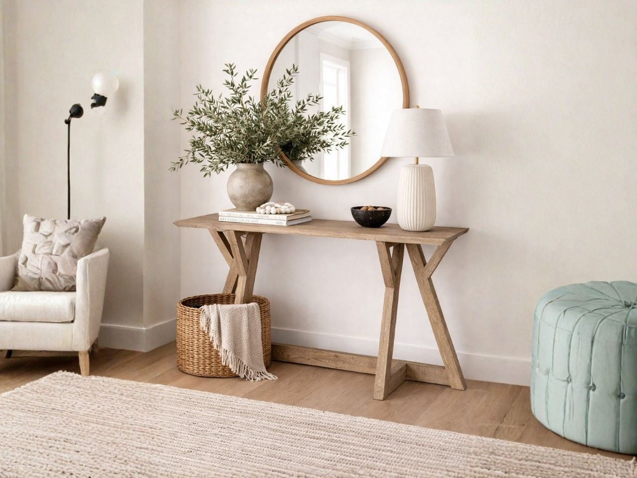 A rustic, light-wood console table with a rectangular top and architectural angled legs.