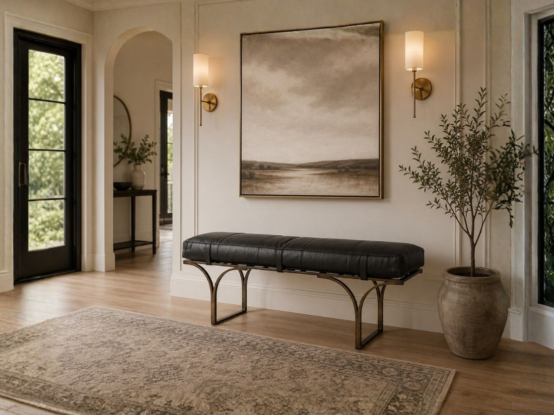 Jessie Black Accent Bench in Calgary in a dining room setting. 